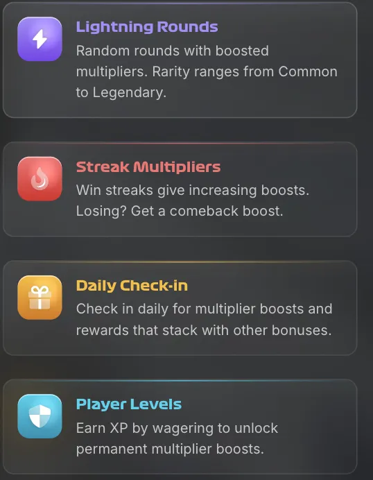 Marble Plinko features menu displaying Lightning Rounds, Streak Multipliers, Daily Check-in, and Player Levels