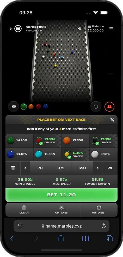 Marble Plinko live marble racing game displayed on an iPhone screen showing the plinko board and betting interface