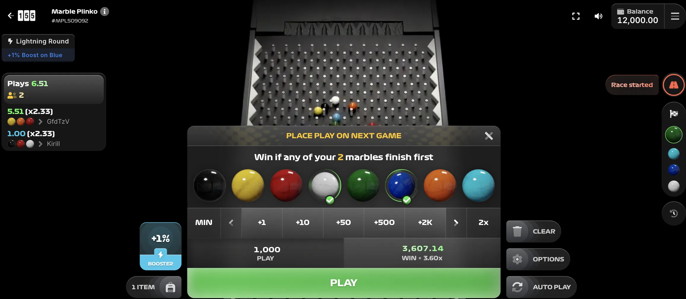 Marble Plinko desktop view with marbles racing through the plinko peg board during an active round