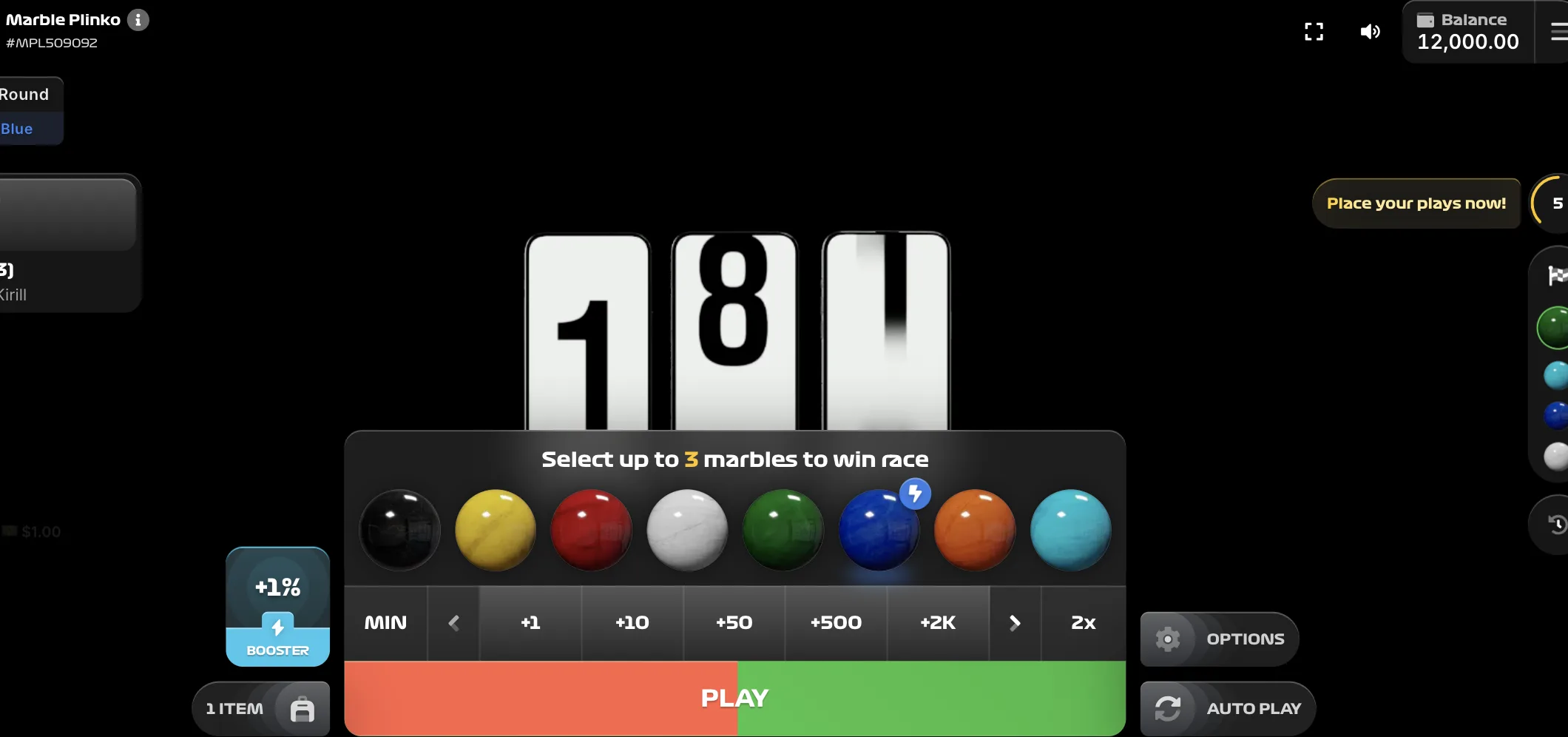 Marble Plinko desktop interface showing 8 coloured marbles with bet selection panel and stake options