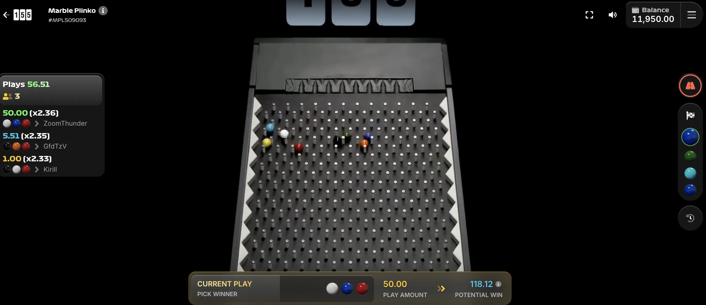Marble Plinko Lightning Round active showing boosted multipliers highlighted across all current marble selections