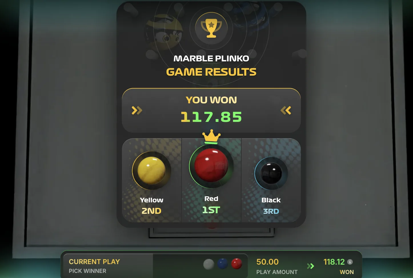 Marble Plinko results screen displaying 1st, 2nd, and 3rd place marbles with payout multiplier