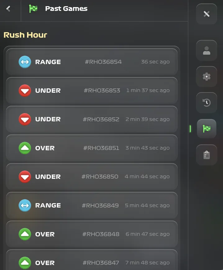 Marble Plinko past games panel with race history, game IDs and bet types